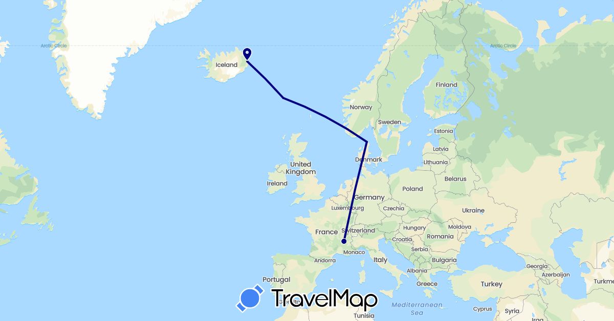 TravelMap itinerary: driving in Denmark, Faroe Islands, France, Iceland (Europe)